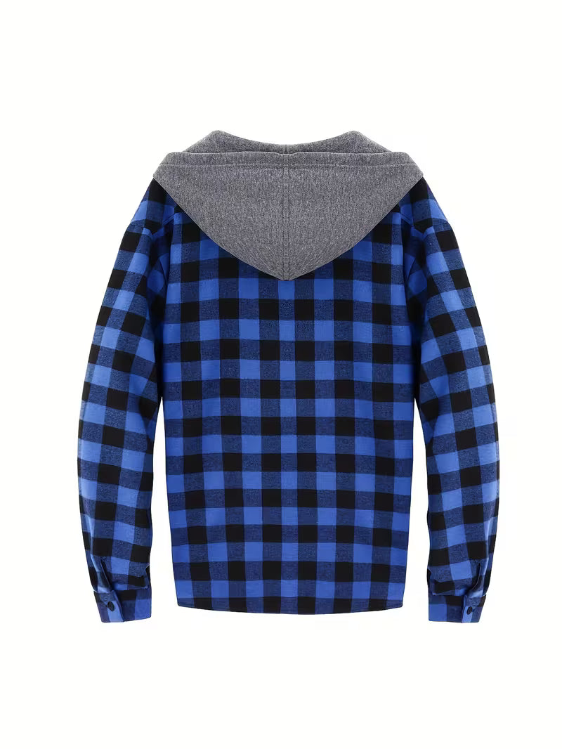 Mens hooded flannel in Blue, buffalo check, back view