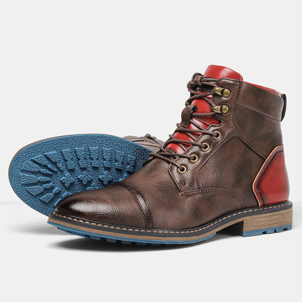 Lace Up Leather Boots with Stacked Heel