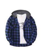 Mens hooded flannel in Blue, buffalo check, front view