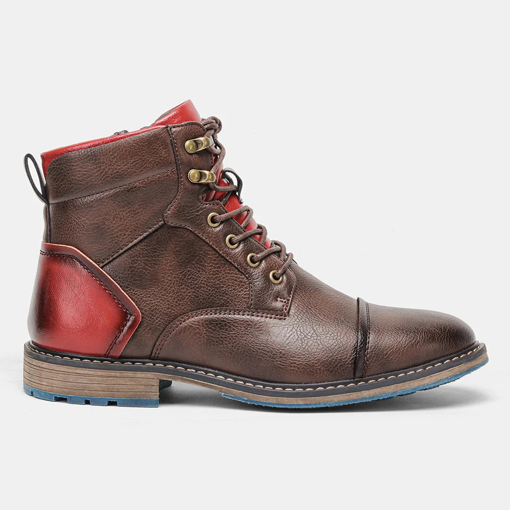 Lace Up Leather Boots with Stacked Heel