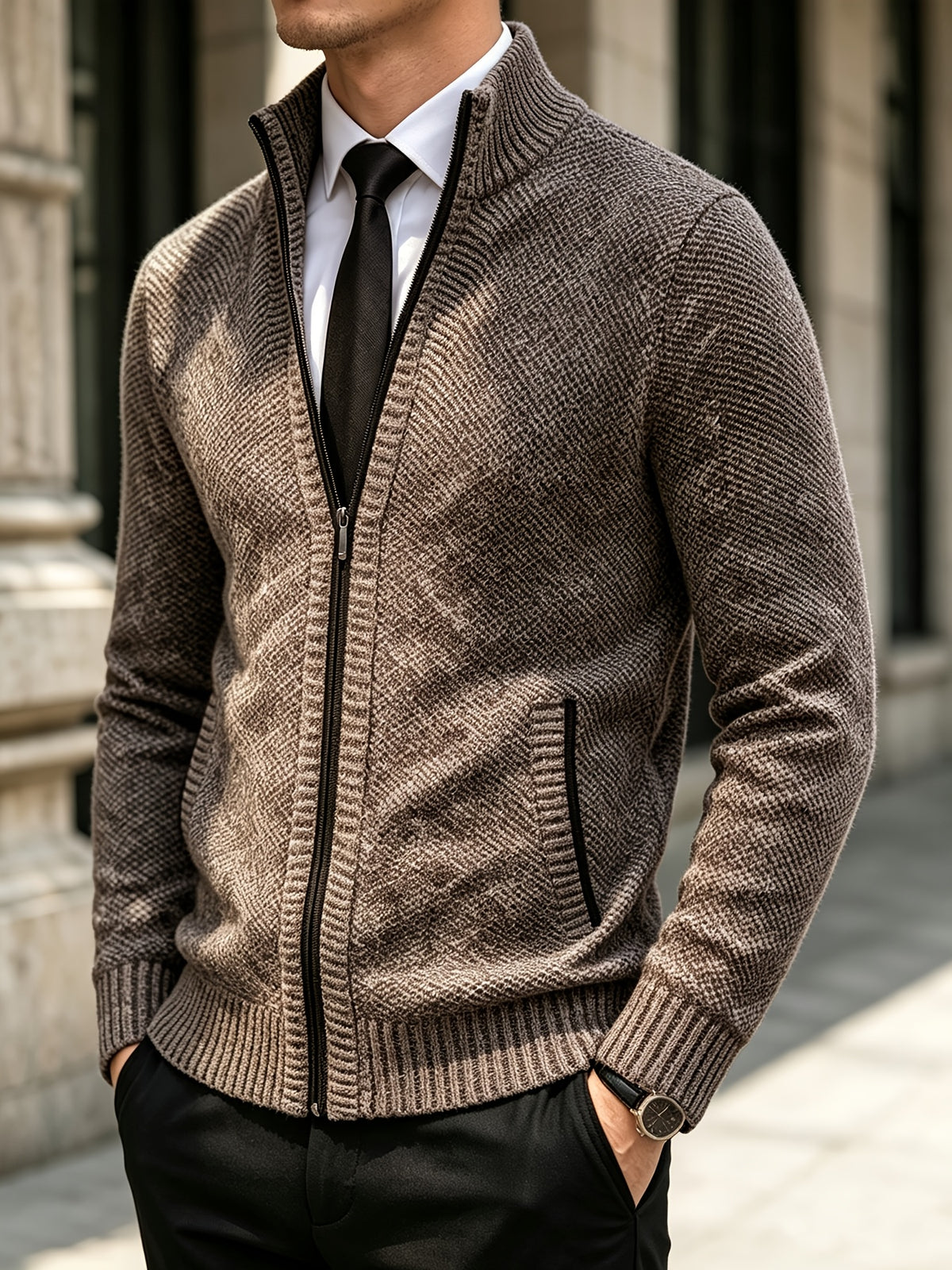 Full zip knitted cardigan with stand collar in heather gray