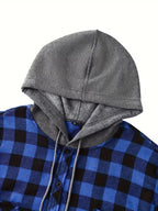 Mens hooded flannel in Blue, close-up of the gray knit hood