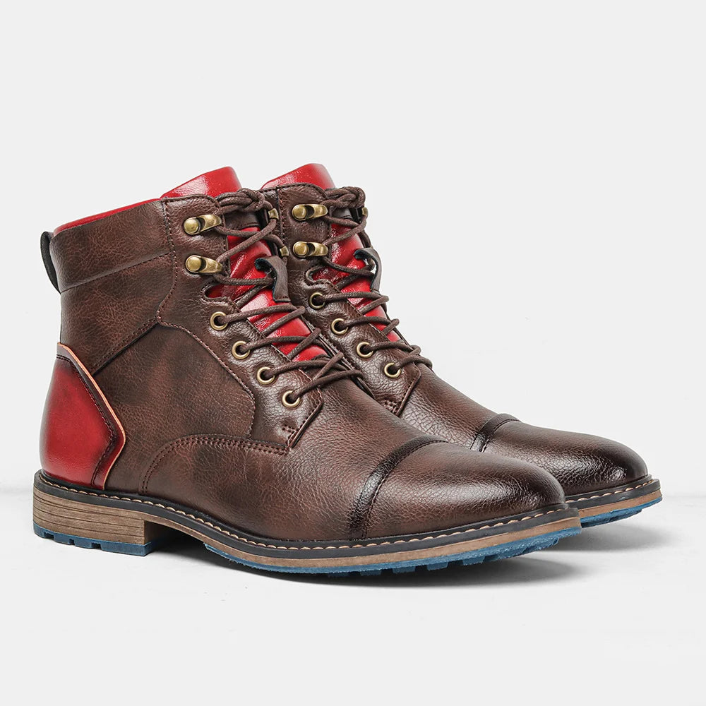 Lace Up Leather Boots with Stacked Heel