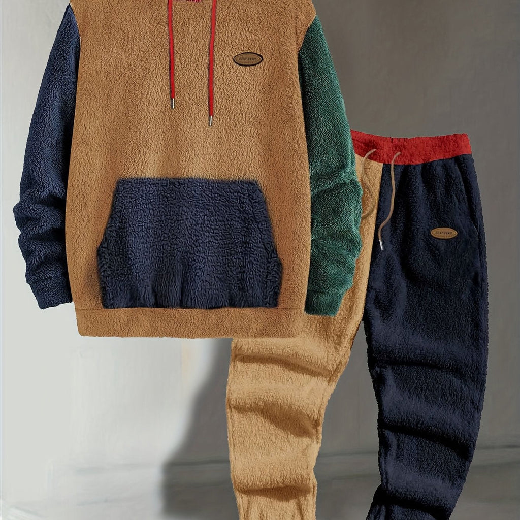 Mens sherpa fleece tracksuit in Camel, hoodie and joggers on a hanger, front