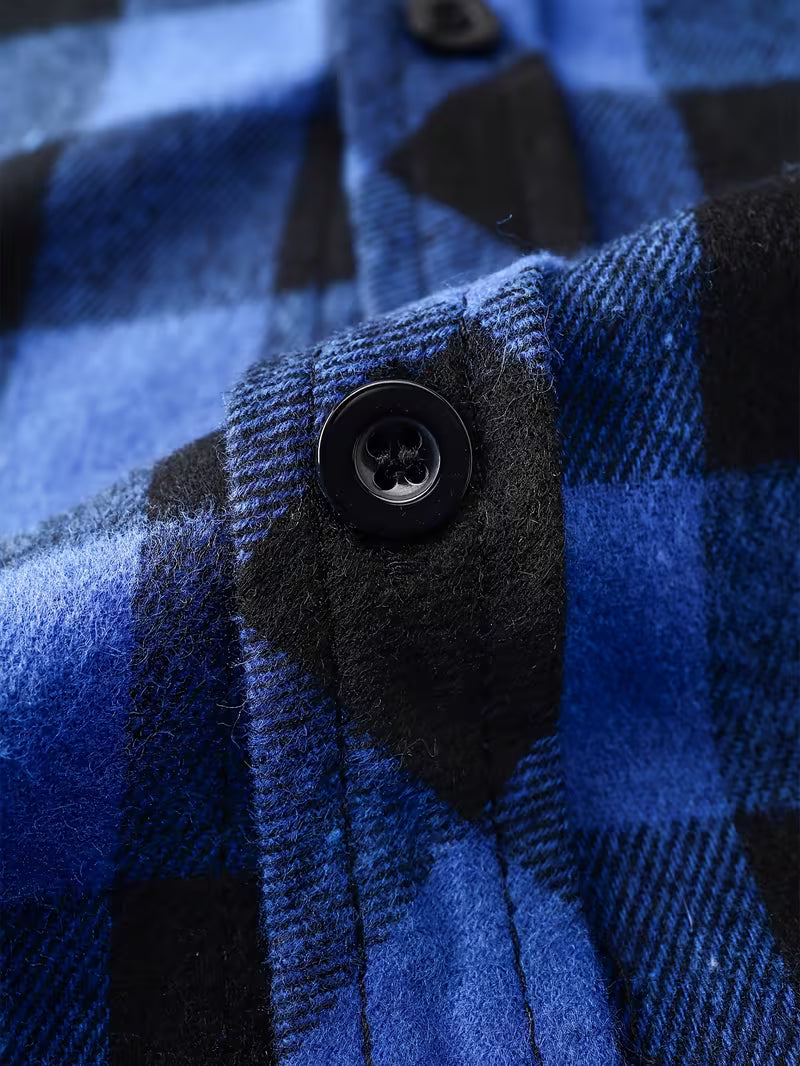 Mens hooded flannel in Blue, close-up of a button