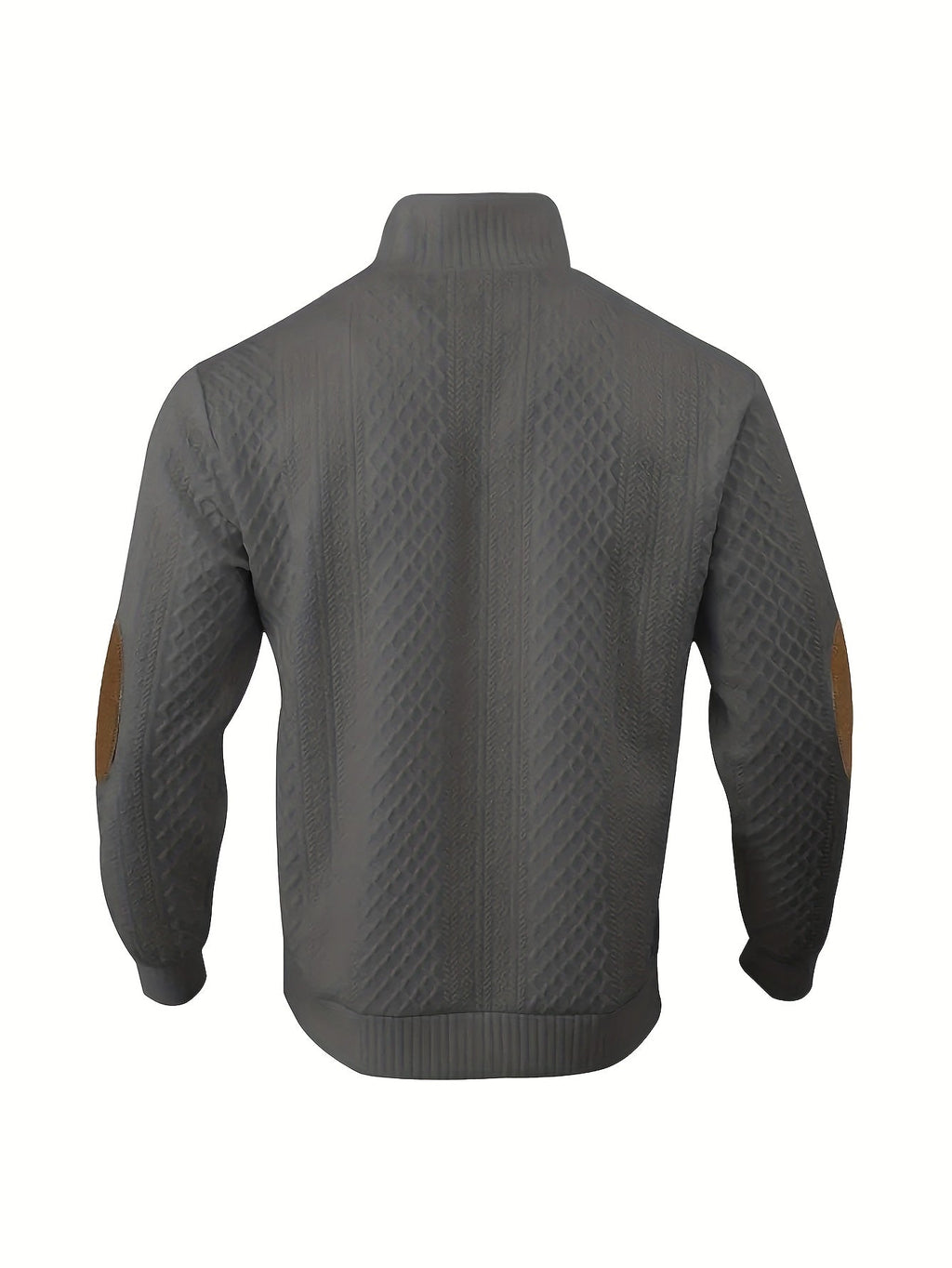 Mens mock neck sweater in Dark Gray, back view with elbow patches