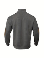 Mens mock neck sweater in Dark Gray, back view with elbow patches