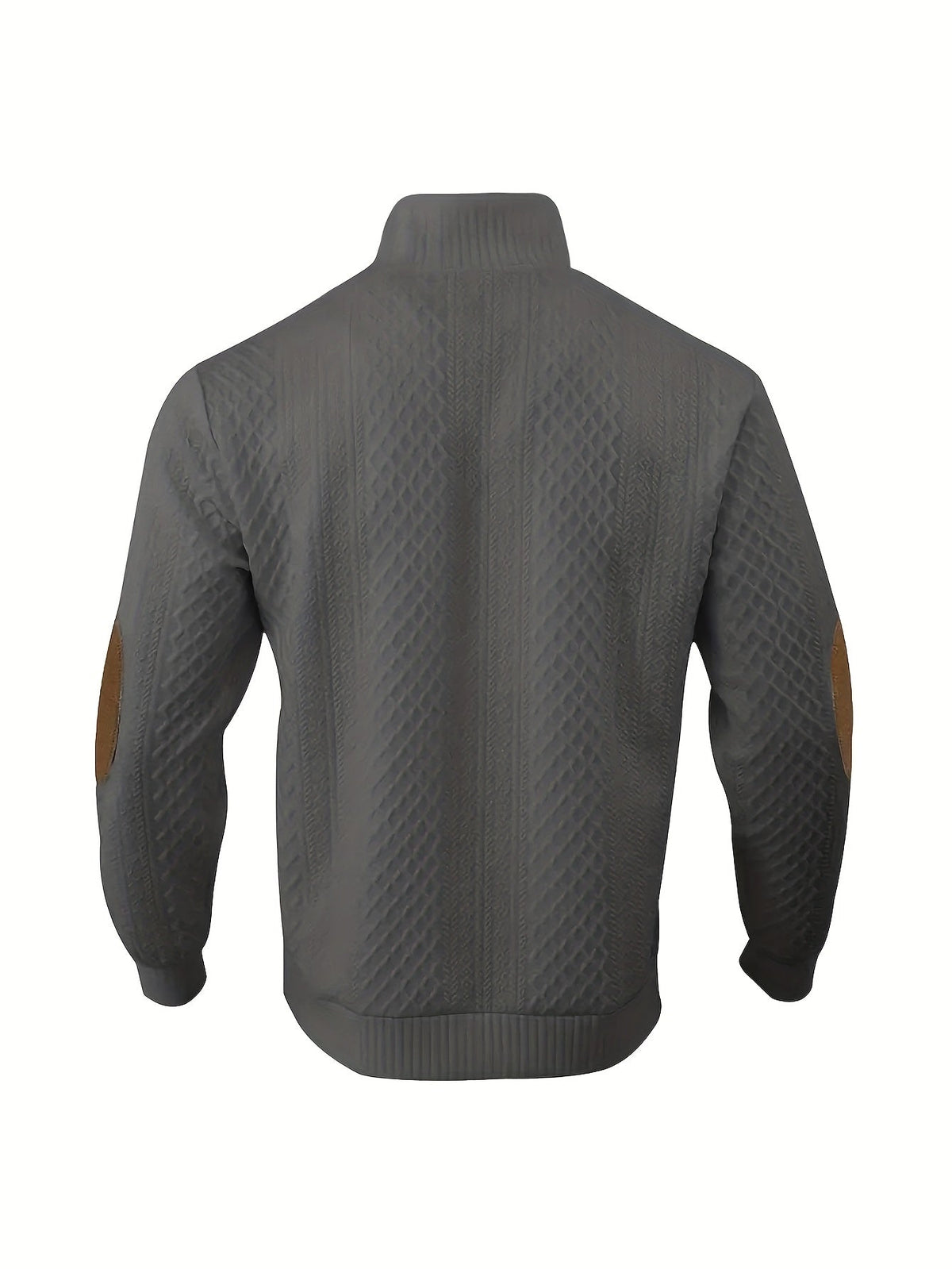 Mens mock neck sweater in Dark Gray, back view with elbow patches