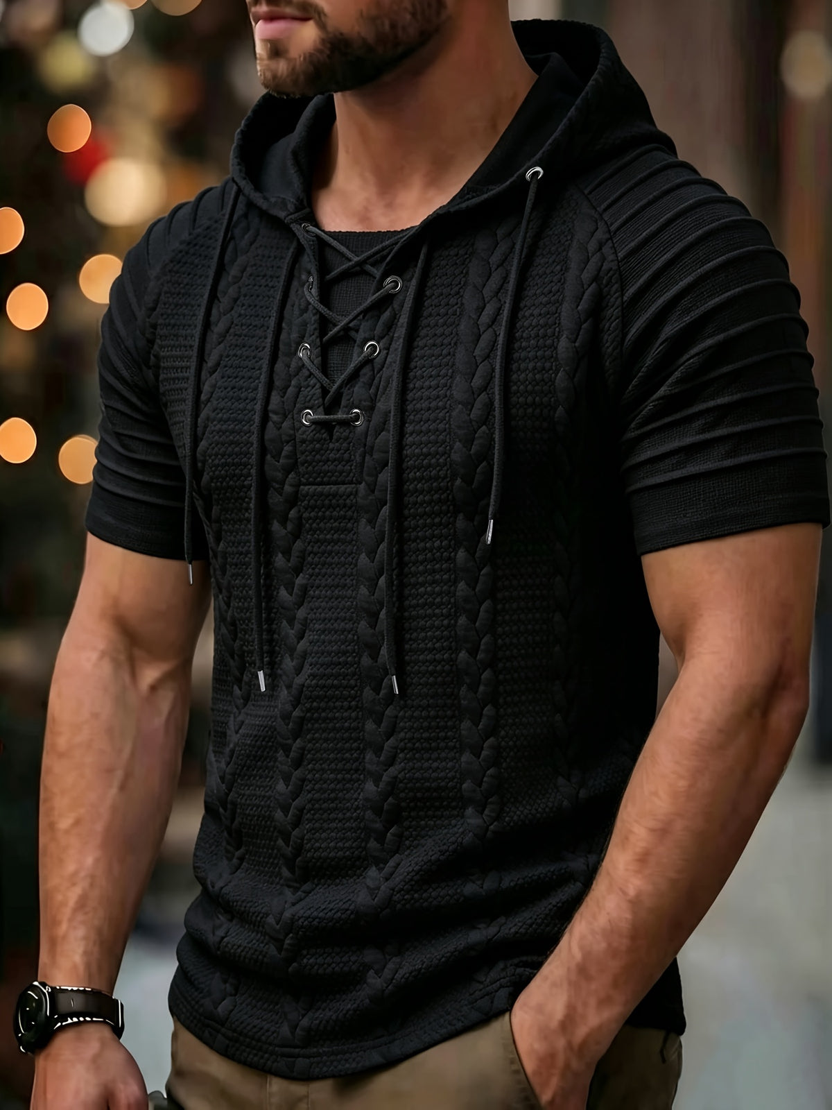 Black Short Sleeve Knit Hoodie for men, view 4