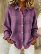 Womens cardigan in Purple, plaid, front view