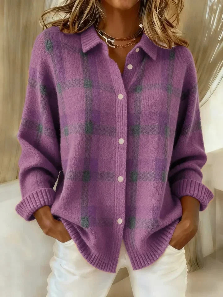 Womens cardigan in Purple, plaid, front view
