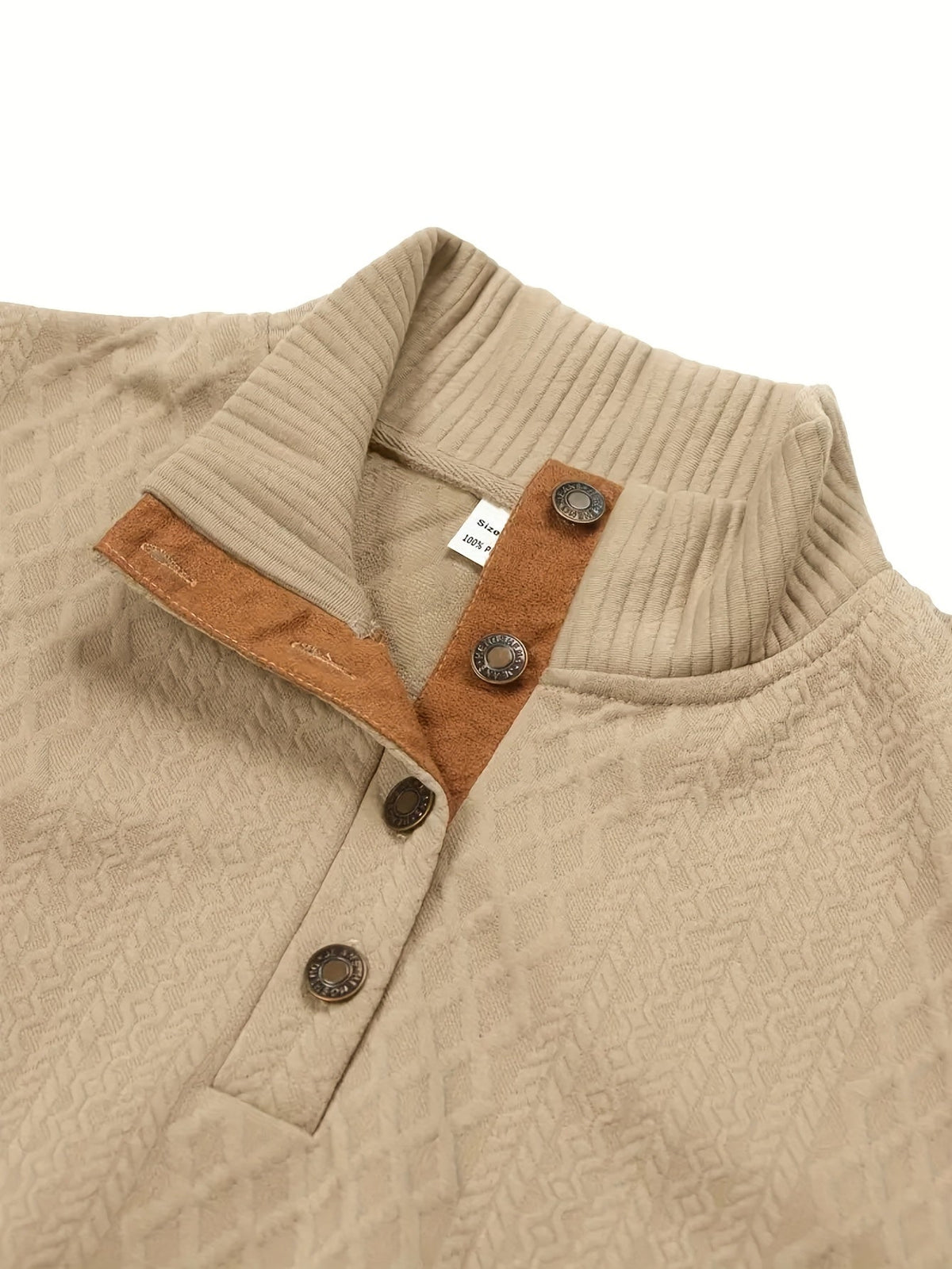 Mens mock neck sweater in Khaki, buttoned collar close-up