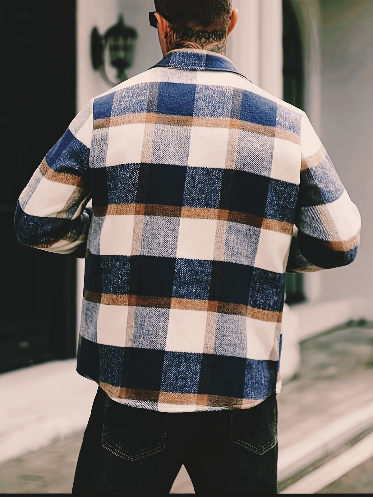 Blue Plaid Check Flannel Shirt Jacket with Chest Pockets