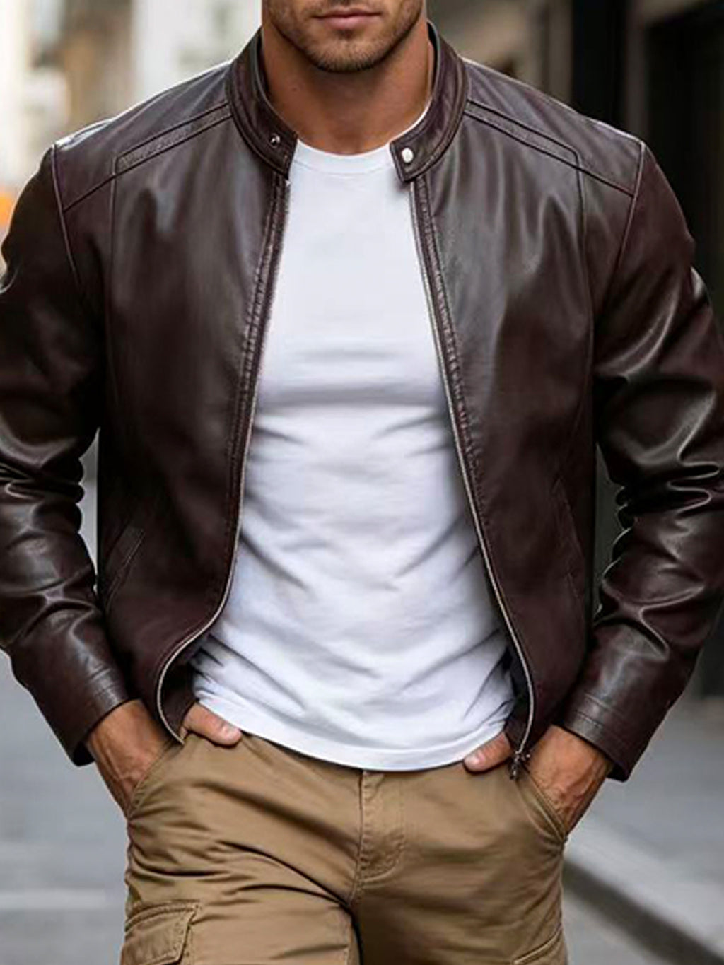 Stand Collar Leather Jacket with Zip Front