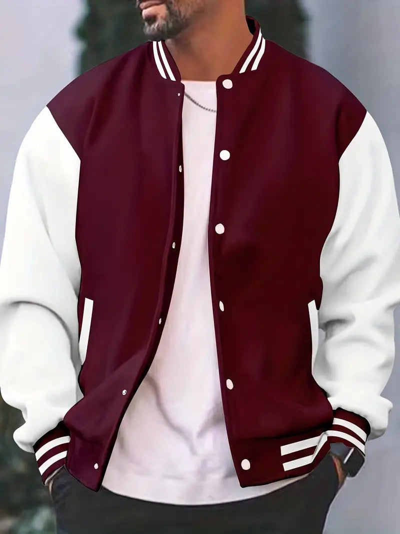 Snap Front Varsity Jacket with Ribbed Trims