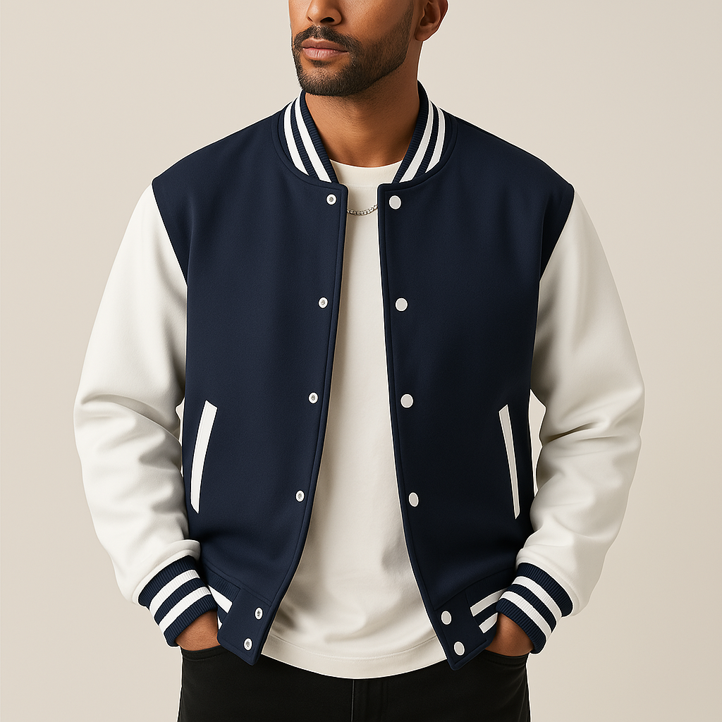 Snap Front Varsity Jacket with Ribbed Trims