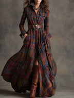 Womens plaid maxi shirt dress in Red, full length, styled with a belt and boots