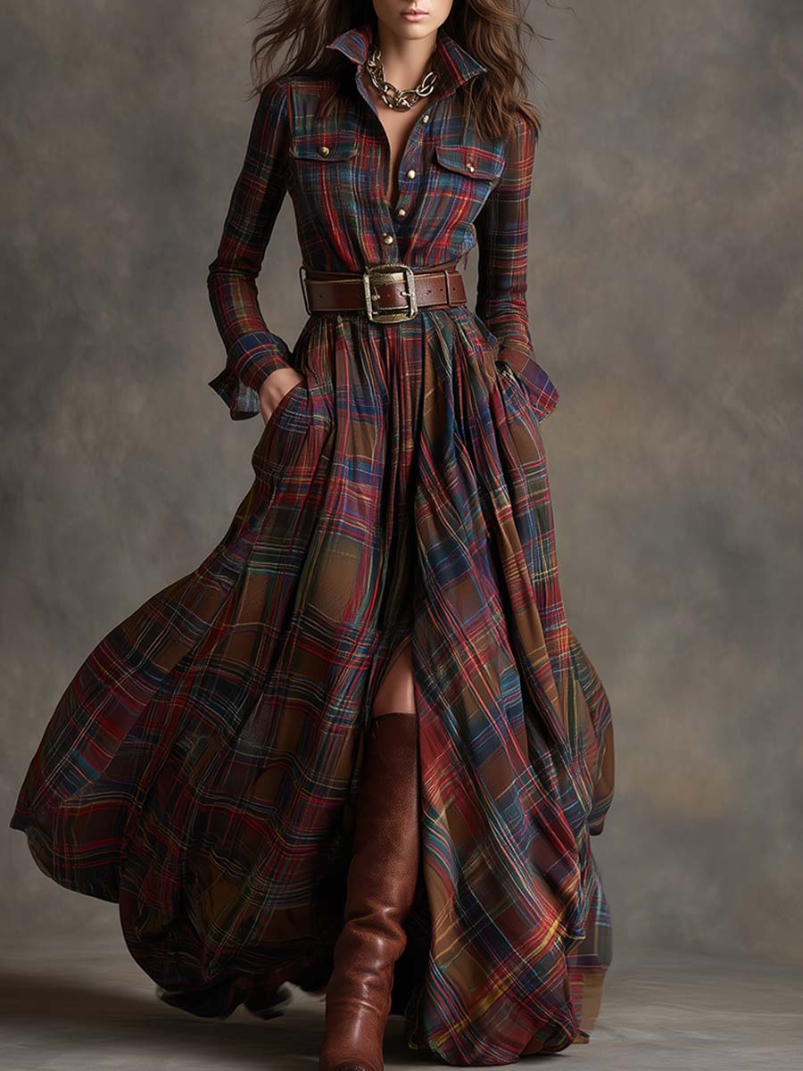 Womens plaid maxi shirt dress in Red, full length, styled with a belt and boots