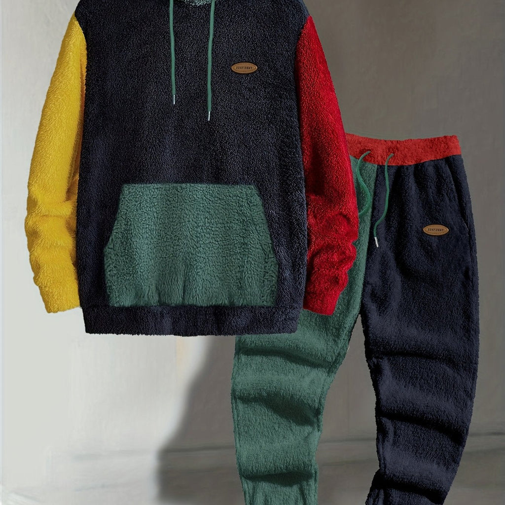 Mens sherpa fleece tracksuit in Navy, hoodie and joggers on a hanger, front