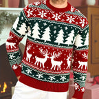 Mens Christmas sweater in Red with green tree and reindeer bands, front close-up