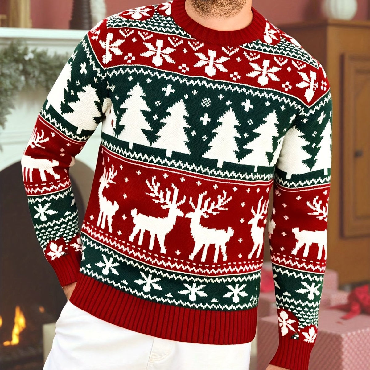 Mens Christmas sweater in Red with green tree and reindeer bands, front close-up