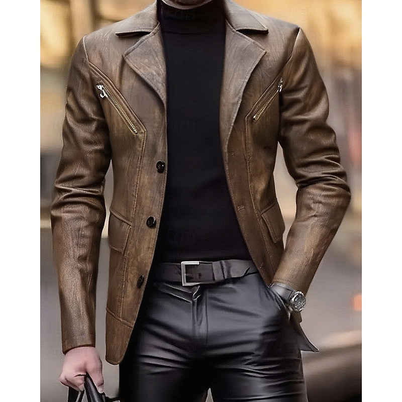 Brown faux Leather Blazer for Men with Button Front