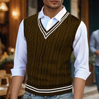 Coffee cable knit sweater vest for men with v neck