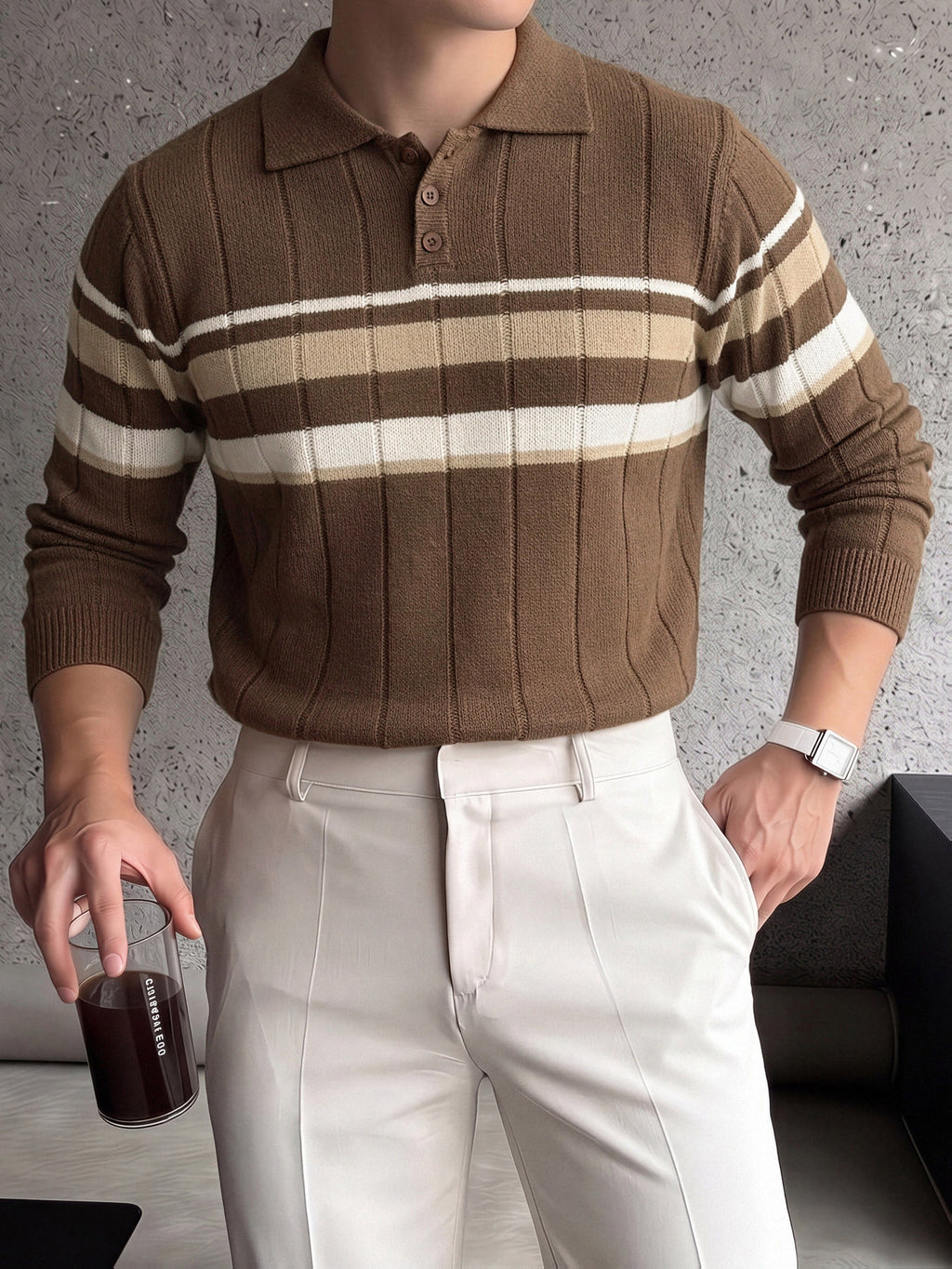 Striped Knit Polo with Button Placket