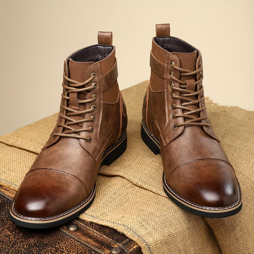 Mens buckle strap ankle boots in Dark Brown, pair, front view