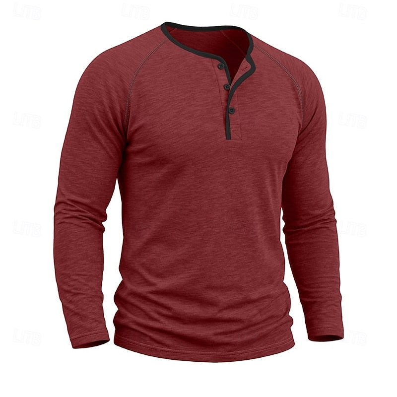 Mens henley shirt in Red, front angle