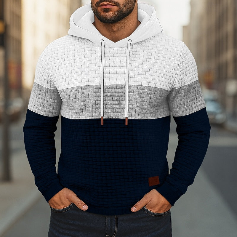 Mens color block hoodie in White with a gray band and navy body
