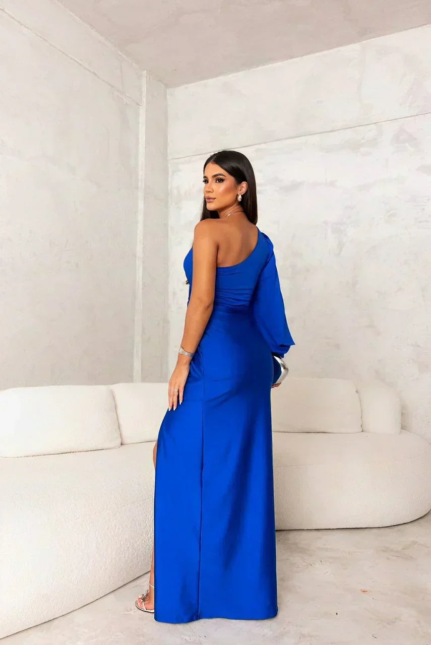 Womens one shoulder dress in Blue, back view