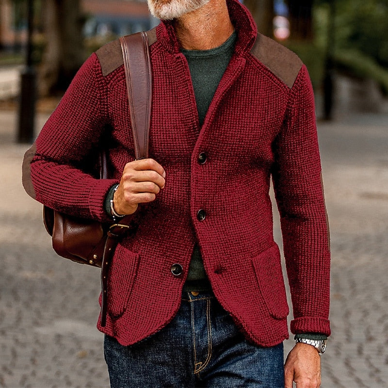Mens cardigan with stand collar and shoulder patches, shown in red