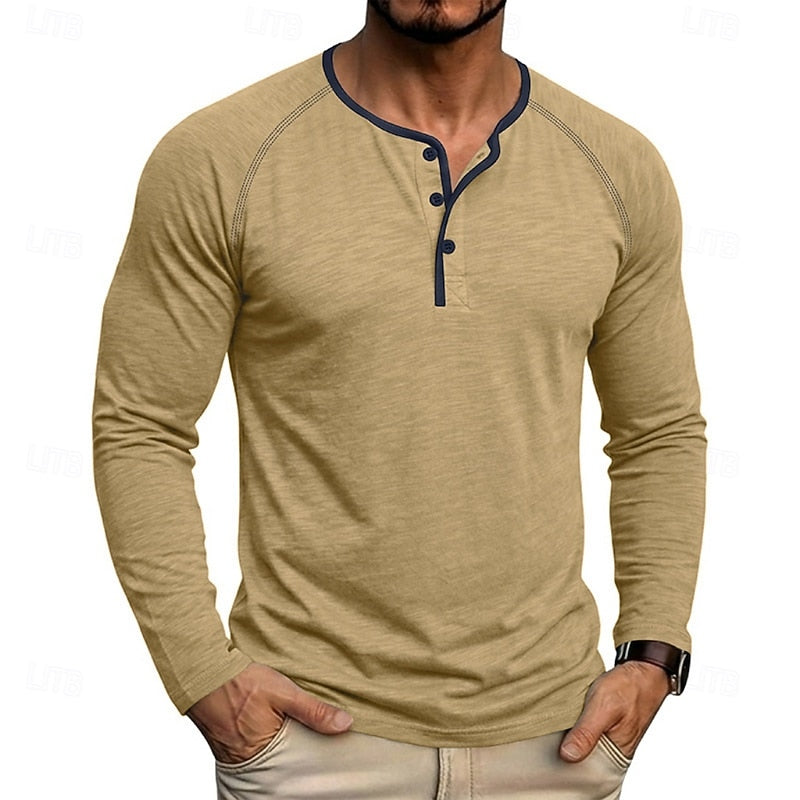 Mens henley shirt in Khaki, worn on model