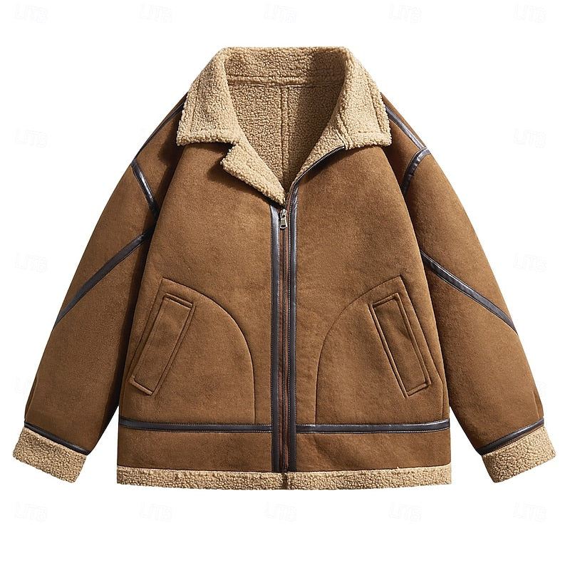 Faux Shearling Aviator Jacket for Men with Wide Collar