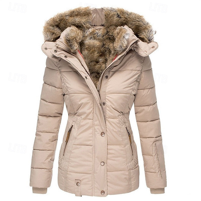 Womens puffer jacket in Pink with faux fur lined hood and zip pockets