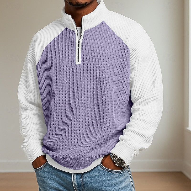 Waffle Knit Quarter Zip for Men in Purple