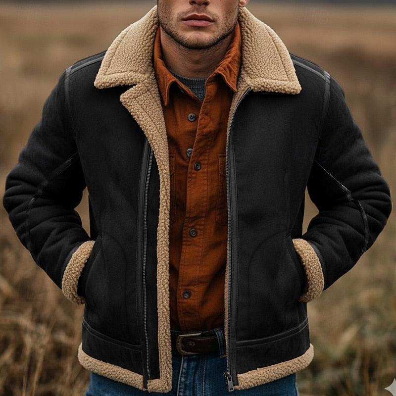 Black faux Shearling Aviator Jacket for Men with Wide Collar