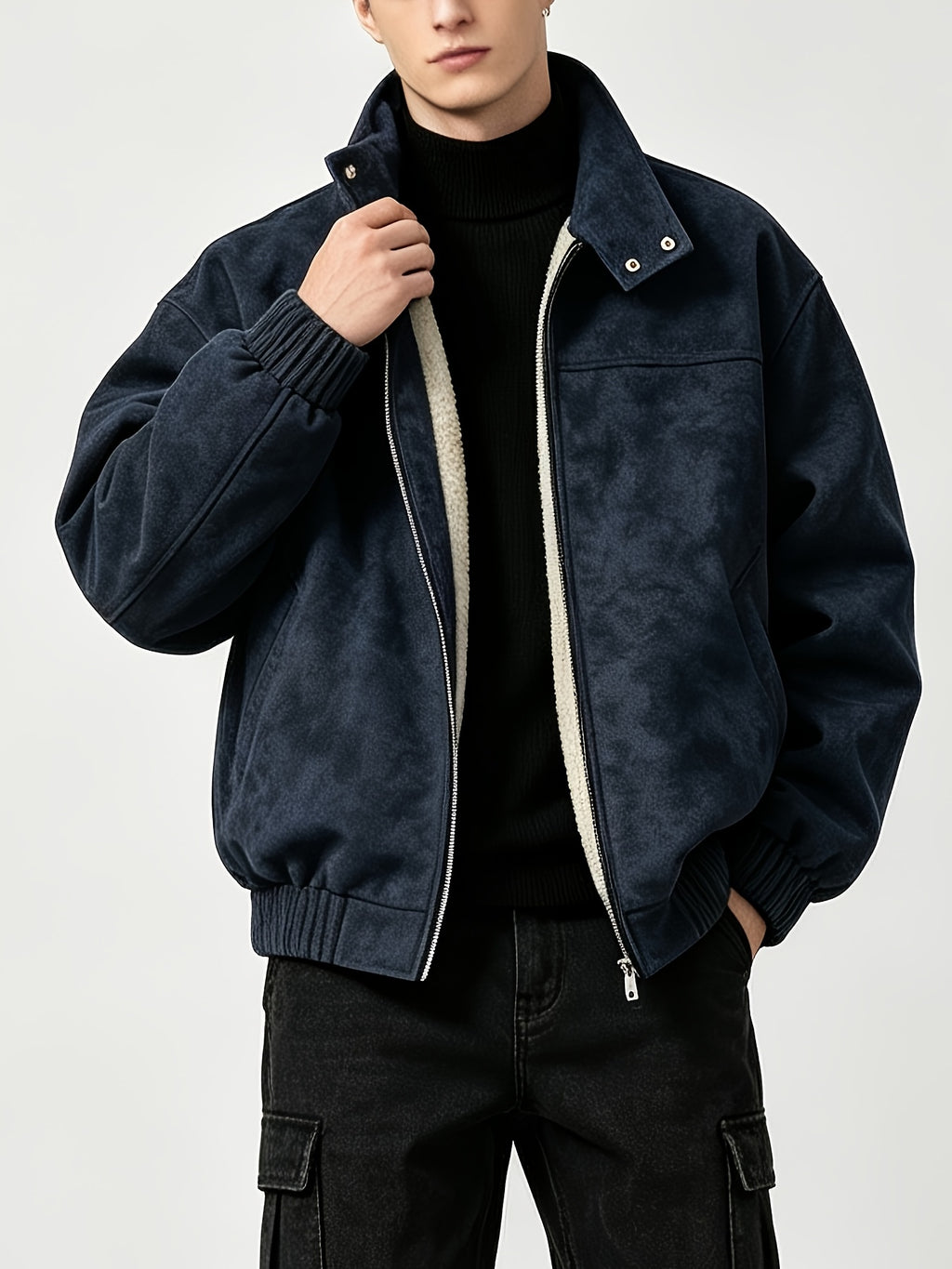 Fleece Lining Suede Work Jacket with Stand Collar
