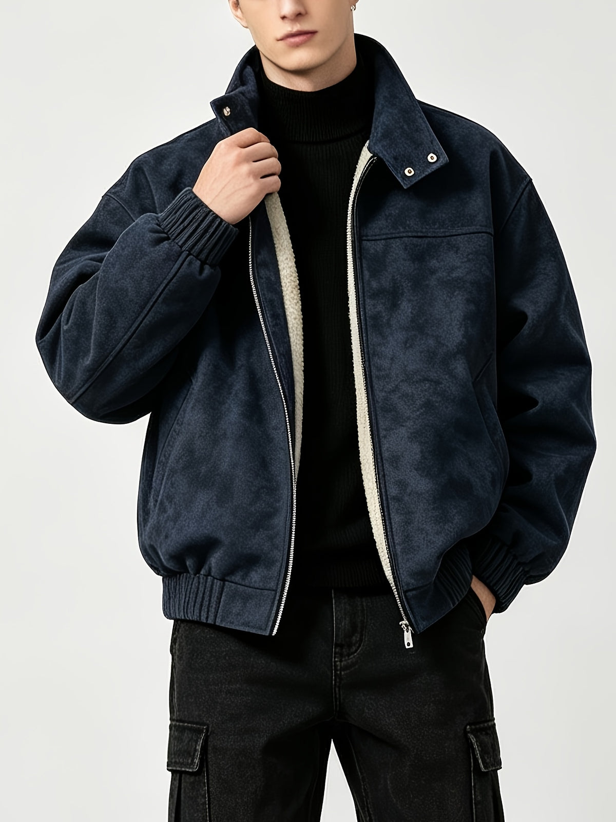 Fleece Lining Suede Work Jacket with Stand Collar