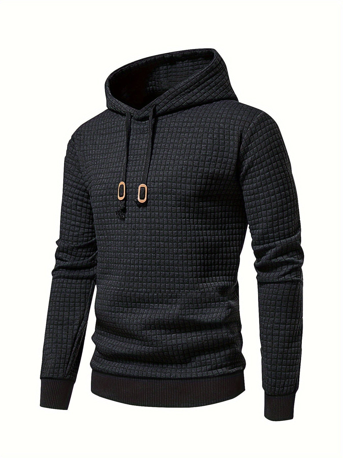 Mens waffle knit hoodie in Black, three-quarter view