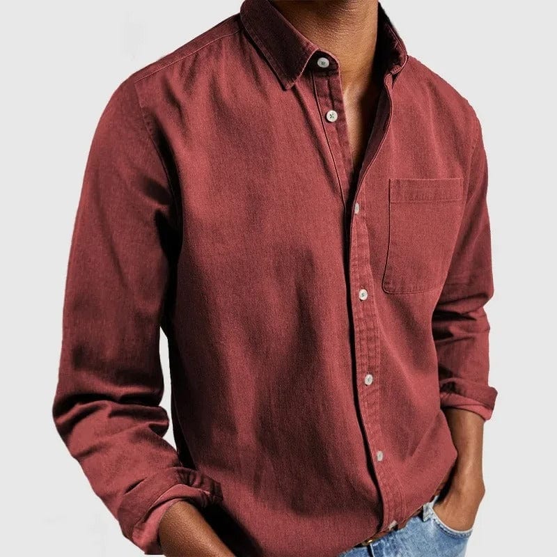 Mens button up shirt in Red, front view on a model