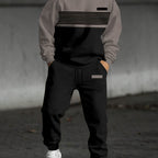 Mens tracksuit in Taupe Black, worn, front view of hoodie and joggers