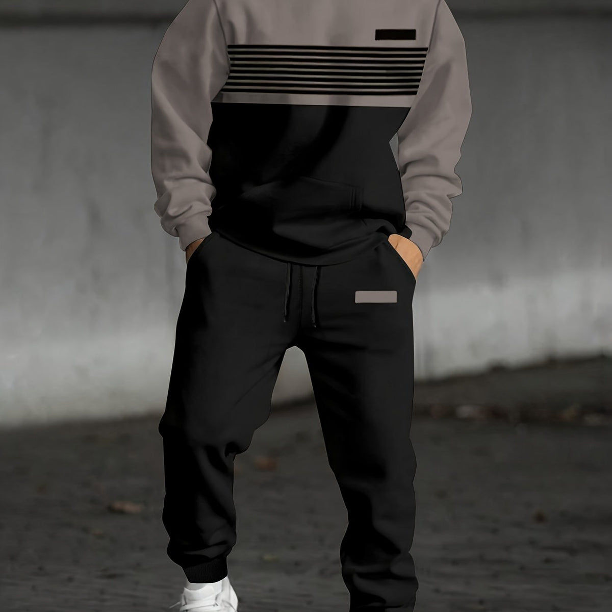 Mens tracksuit in Taupe Black, worn, front view of hoodie and joggers