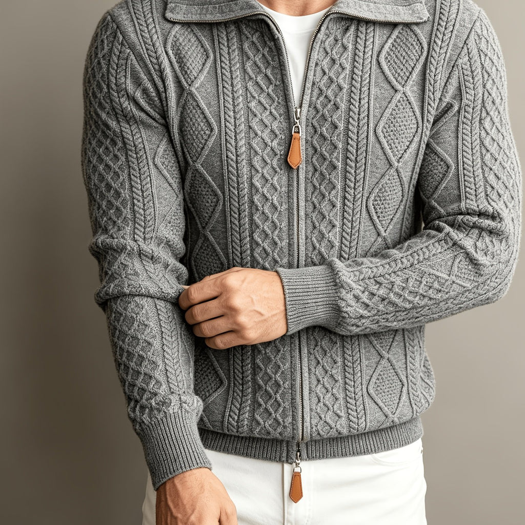Spread Collar Cable Knit Sweater with Full Zip