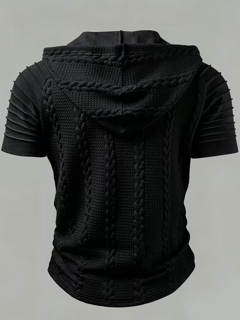 Black Short Sleeve Knit Hoodie for men, view 2