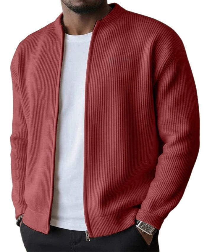 Mens zip up cardigan in rib knit in Red, worn open over a white tee