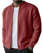 Mens zip up cardigan in rib knit in Red, worn open over a white tee