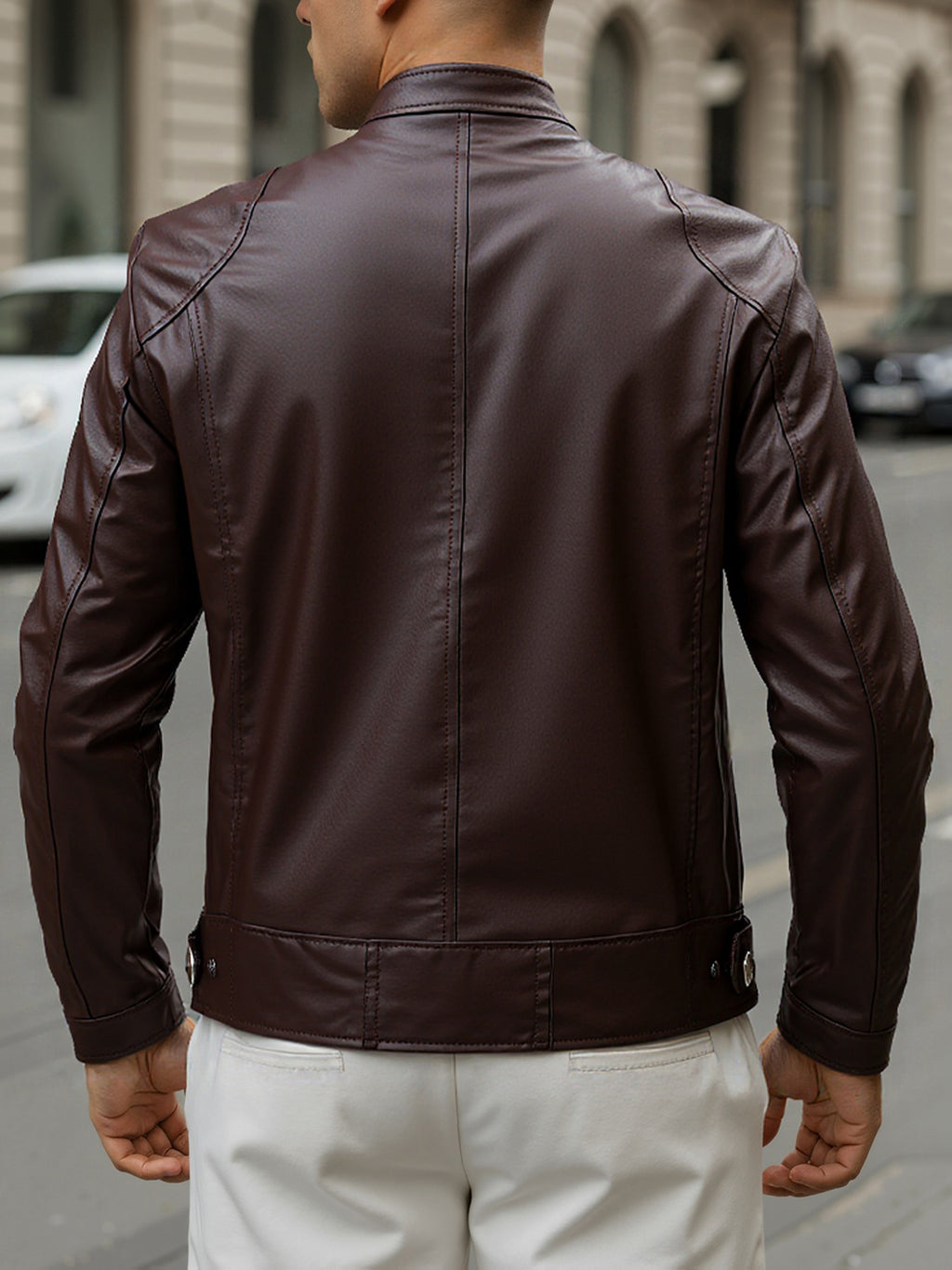 Zip Pockets Leather Jacket with Stand Collar