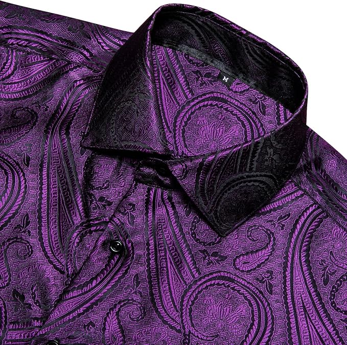 Purple paisley dress shirt for men in high sheen satin